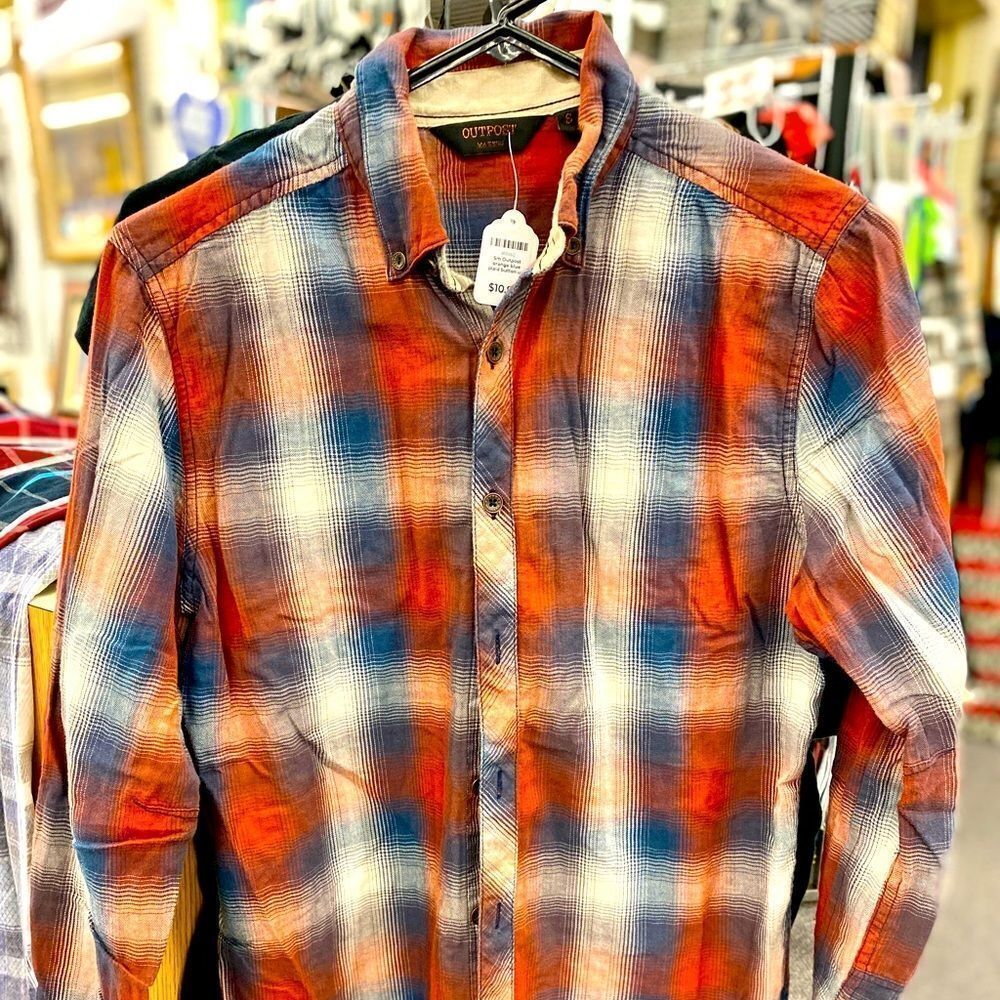 Sm Outpost orange blue plaid button up